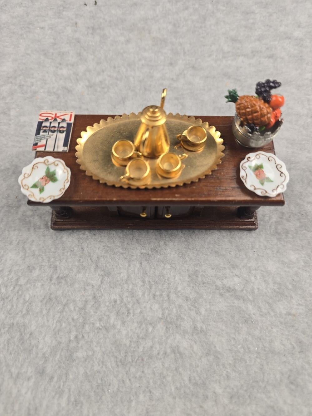 Vintage 1:12 Scale Dollhouse Wooden Coffee Table Cabinet w/ Brass Tea Set & Dec